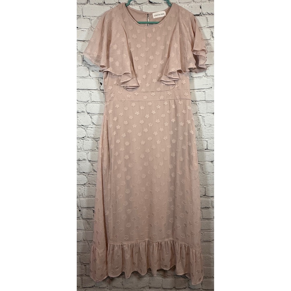 Citrus & Lemon Midi Dress Floral Ruffle Flutter Sleeve Pink‎ Size L
